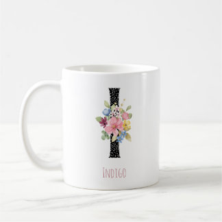 Caneca De Café Água Floral Aquarela H Monograma Nome Preto Bolinh