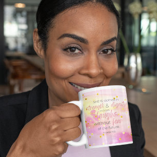 Caneca De Café Água-tinta Dourada Rosa Provérbios 31:25 Versículo