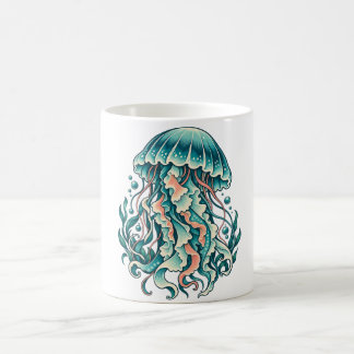 Caneca De Café Água-viva turquesa com Tentáculos Oceânicos Fluind