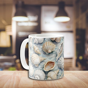Caneca De Café Aguamarinha Suave Concha de Mar Pintura em Aquarel