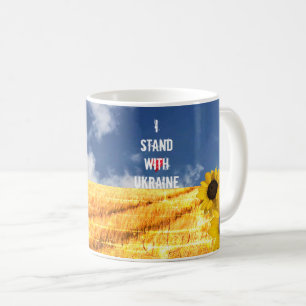Caneca De Café Aguarde a Ucrânia em amarelo e azul com girassói