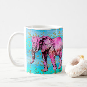Caneca De Café Aguarela azul moderna do elefante cor-de-rosa na
