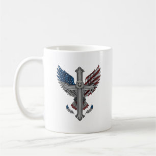 Caneca De Café Águia Patriótica Cruz Gravura Vintage Vetorial Des