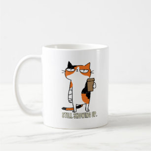 Caneca De Café Ainda Aparecendo Gato Calico Mal-Humorado Com Café