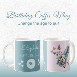 Caneca De Café Ainda fabuloso aos 50 anos verde-rosa floral