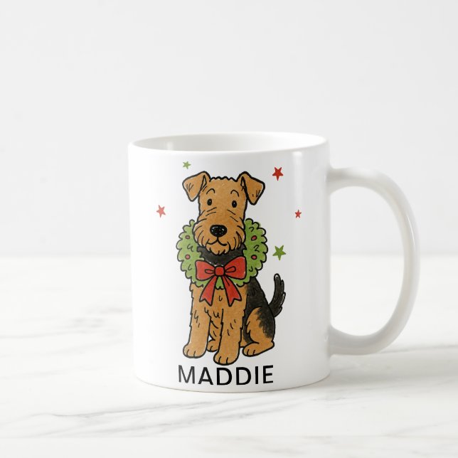 Caneca De Café Airedale Terrier Christmas Wreath & Red Bow (Direita)