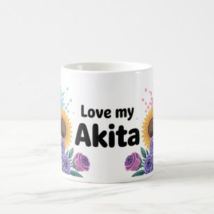 Caneca De Café Akita Dog com Girassóis e Rosas