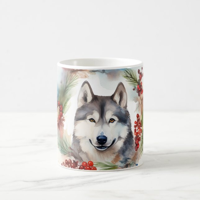 Caneca De Café Alaskan Malamute, Festivo Wreath Christmas Pup (Centro)