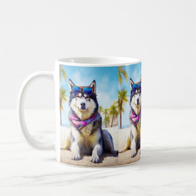 Caneca De Café Alaskan Malamute na praia, presente de verão (Esquerda)