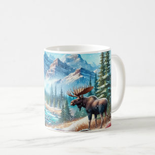 Caneca De Café Alce Majestoso em Paisagem Montanhosa Nevada