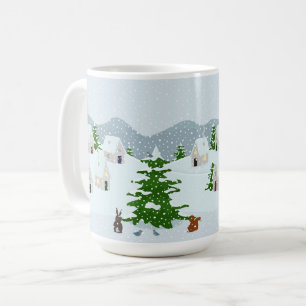 Caneca De Café Aldeia de inverno com neve, coelho, esquilo e pinh