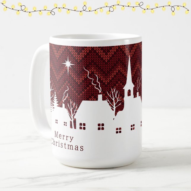 Caneca De Café Aldeia de Natal em Vermelho Rústico com Padrão de  (Criador carregado)