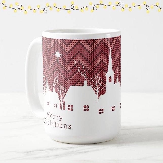 Caneca De Café Aldeia de Natal Rosa Rústica com Padrão de Tricô C (Criador carregado)