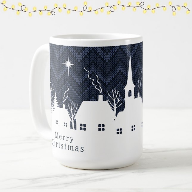 Caneca De Café Aldeia Natal Azul Rústica com Padrão de Tricô Chev (Criador carregado)