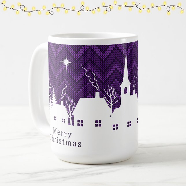 Caneca De Café Aldeia Natalícia Roxa Rústica com Padrão de Tricô  (Criador carregado)