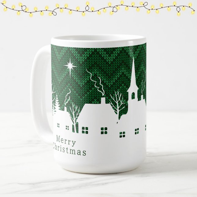 Caneca De Café Aldeia Natalícia Verde Rústica em Ponto Chevron (Criador carregado)