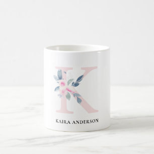 CANECA DE CAFÉ ALFABETES FLORAIS AZUIS SUAVES NOME LETRA K