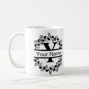 Caneca De Café Alfabeto Floral com Monograma Personalizado de Nom