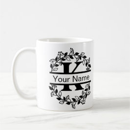 Caneca De Café Alfabeto Floral com Nome Monograma Personalizado