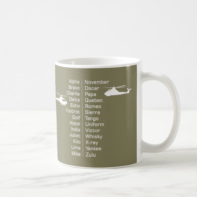 Caneca De Café Alfabeto Fonético do Piloto Helicóptero e helicópt (Direita)