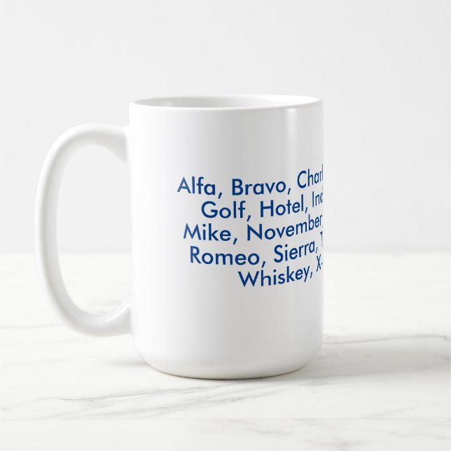 Caneca De Café alfabeto fonético "NATO", Alfa a Zulu (Esquerda)