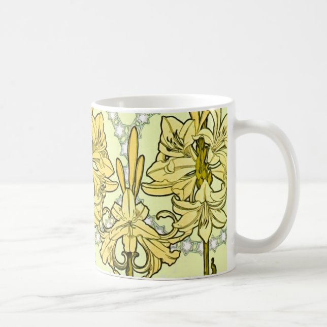 Caneca De Café Alfonse Mucha Art Nouveau Lily Padrão Floral (Direita)