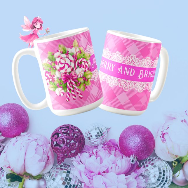 Caneca De Café Algodão doce, rosa e púrpura, Natal (Pink checks, ribbon and lace, and candy canes. How sweet is that?)
