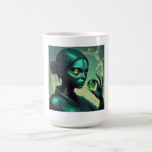 Caneca De Café Alienígena Dama Mantém Objeto De Vidro Transparent