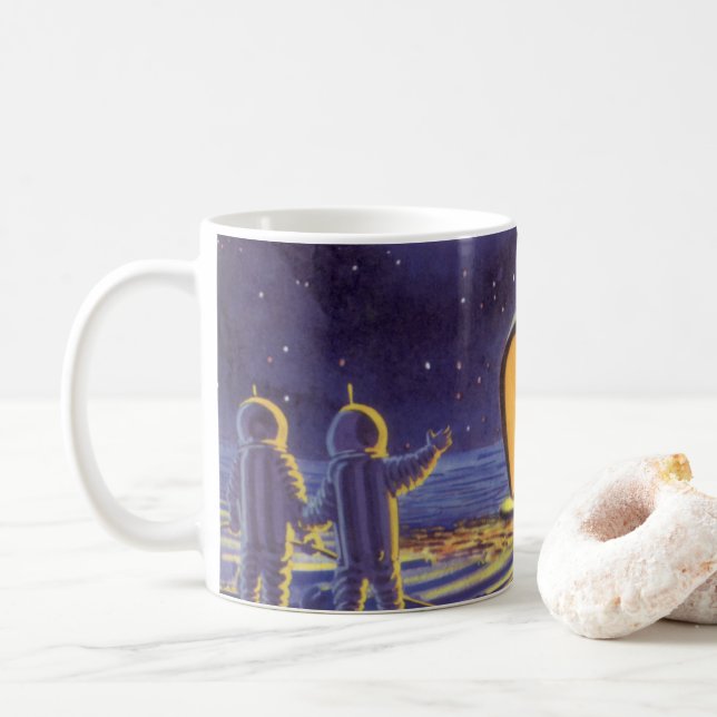 Caneca De Café Aliens de ficção científica em lua planeta azul (Com Donut)