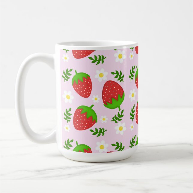 Caneca De Café Almofada fofa design contínuo morangos fundo rosa (Esquerda)