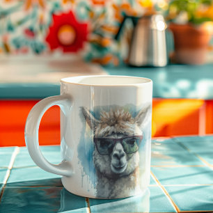 Caneca De Café alpaca branca e bonita vestindo óculos escuros
