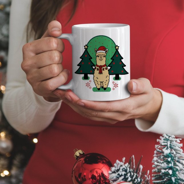 Caneca De Café Alpaca vestindo chapéu de Natal com Árvores de Nat (Criador carregado)