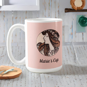 Caneca De Café Alphonse Mucha Art Nouveau Mulher De Flores Rosa