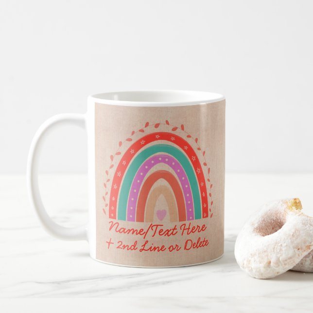 Caneca De Café Alterar Texto Adicionar Nome Boho Arco-Íris Coraçã (Com Donut)
