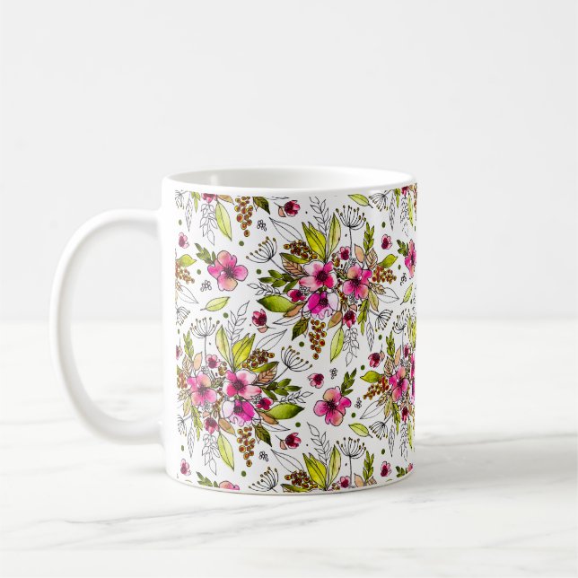 Caneca De Café Amanda Sketch Rosa e Verde Floral (Esquerda)