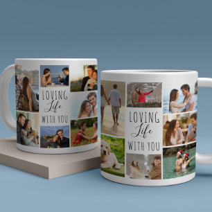 Caneca De Café Amando a Vida Com Você Colagem de 14 Fotos Branco