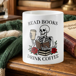 Caneca De Café Amante De Livros Bebe Café Esqueleto Engraçado Ama