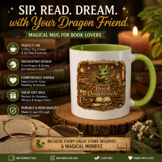 Caneca de Café Amante de Livros de Dragão Fofo | F