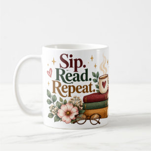 Caneca De Café Amante do Livro Sip Read Repeat