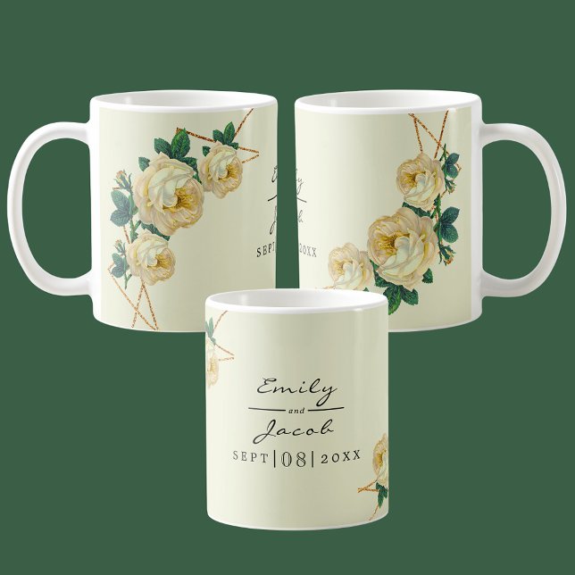 Caneca De Café Amarelo Floral Elegante Dourado Glitter Geométrico (Elegant Gold Glitter Geometric Yellow Floral Wed Coffee Mug)