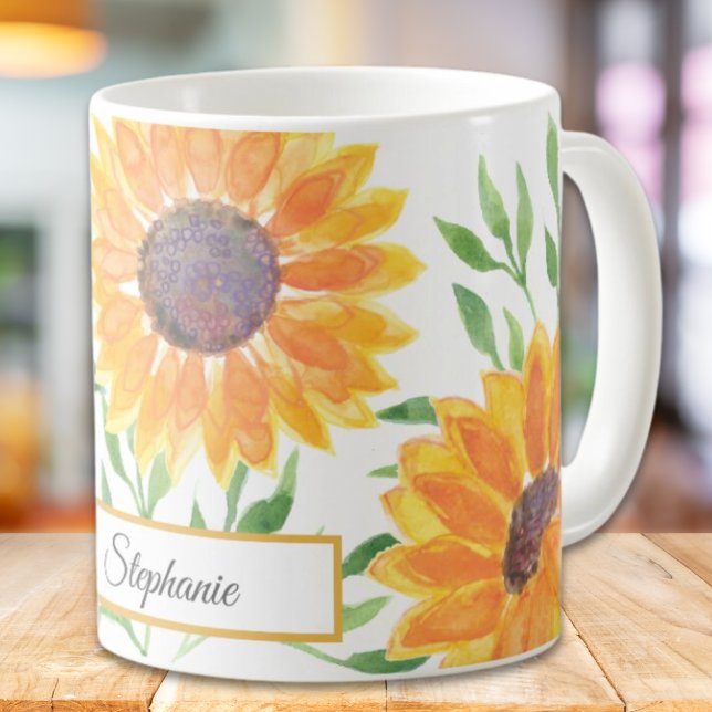 Caneca De Café Amarelo personalizado Girassóis Cores d'água (Criador carregado)