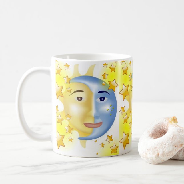 Caneca De Café Amarelo Sol Azul Lua Amarelo Estrelas Mug (Com Donut)