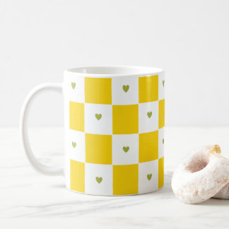 Caneca De Café Amarelo Verificado com Mug de Coração Verde