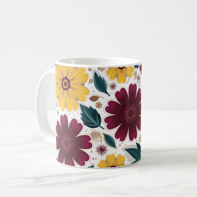 Caneca De Café Amarelo vibrante e Borgonha Floral (Frente Esquerda)