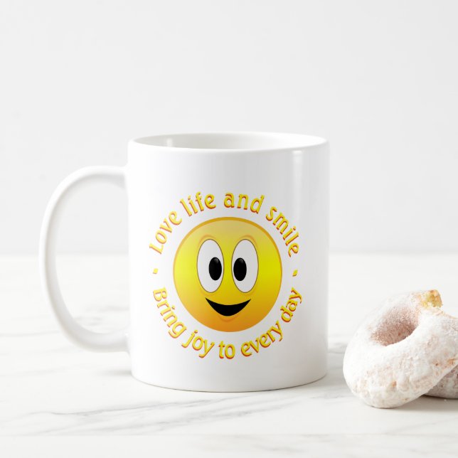 Caneca De Café Ame A Vida E Traga A Alegria Feliz Rosto (Com Donut)