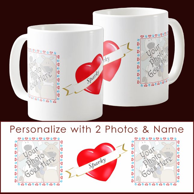 Caneca De Café Ame Seus Modelos Personalizados De Fotografias Do  (Love Your Dog Personalized Photo Templates Custom Coffee Mug for 2 photos and your pet's name.)