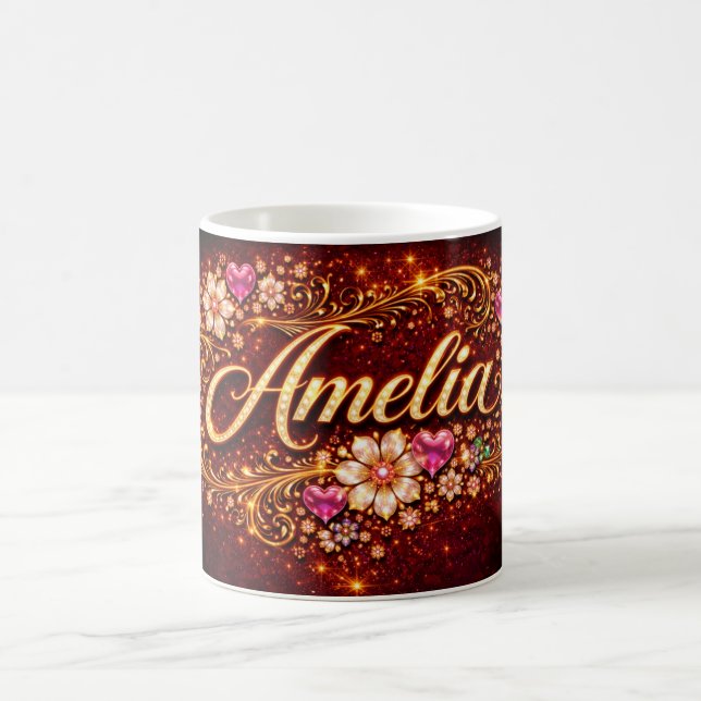 Caneca De Café Amelia Custom Mug Pink Heart Emerald Gold Romantic (Centro)