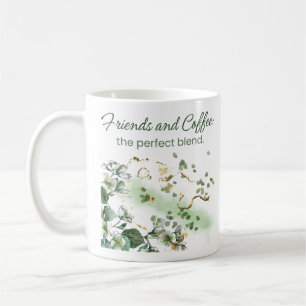 Caneca De Café "Amigos e café" flores verdes de aquarela