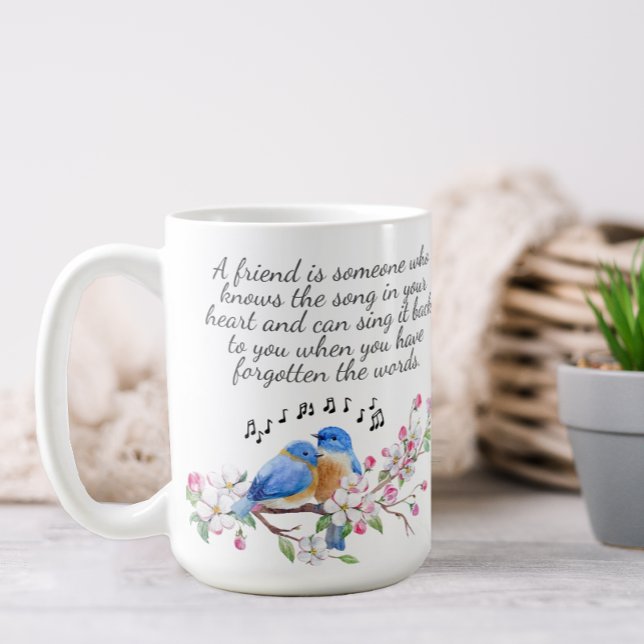 Caneca De Café Amizade Floral (A pretty floral mug decorated with birds and flowers and a quote about friendship.)