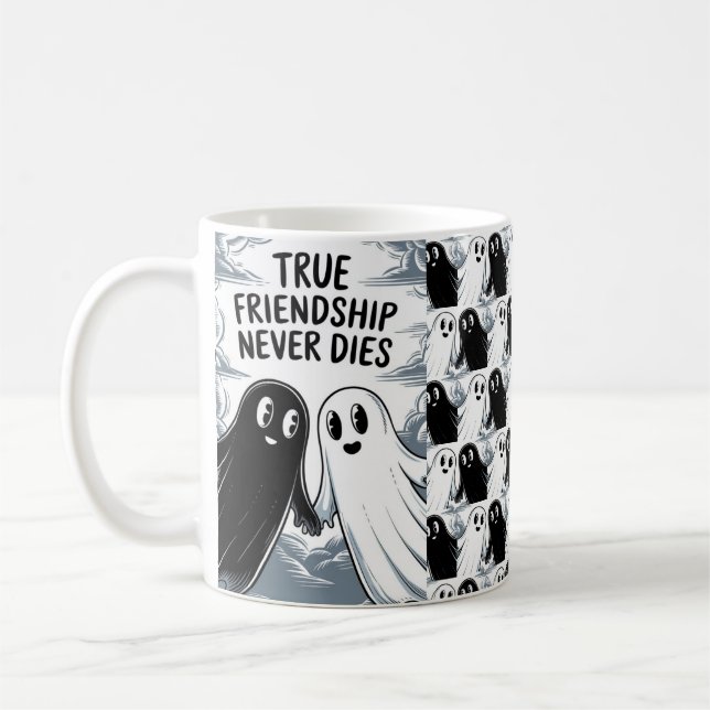 Caneca De Café Amizade Verdadeira Nunca Morre Fantasmas Segurando (Esquerda)